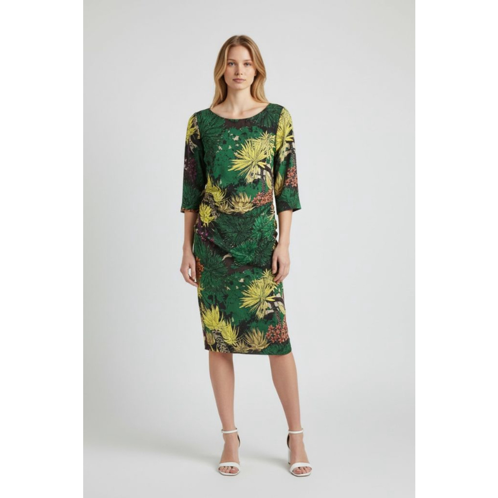TRACY REESE Anthropologie Green Yellow Floral Silk Ruched Sheath Dress Size 4‎